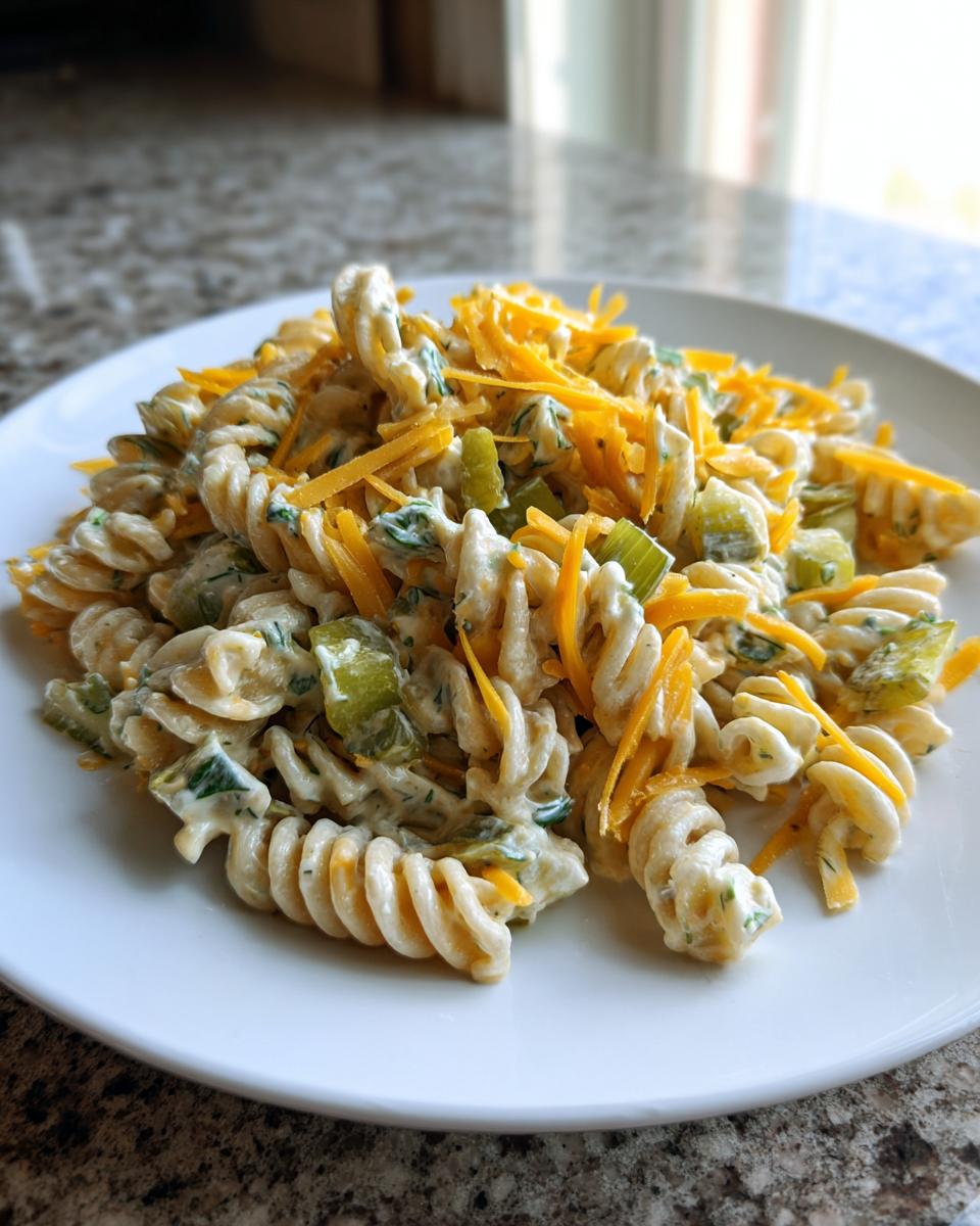 A serving of creamy pickle pasta salad made with rotini pasta, pickles, and topped with shredded cheddar cheese.