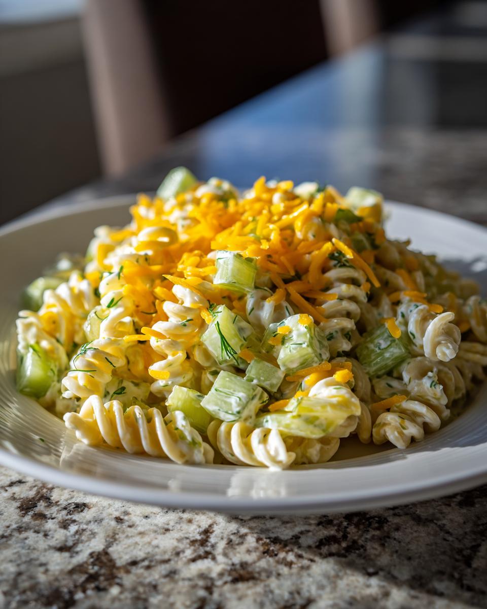 Close-up of creamy pickle pasta salad featuring rotini pasta, diced pickles, and topped with shredded cheddar cheese.
