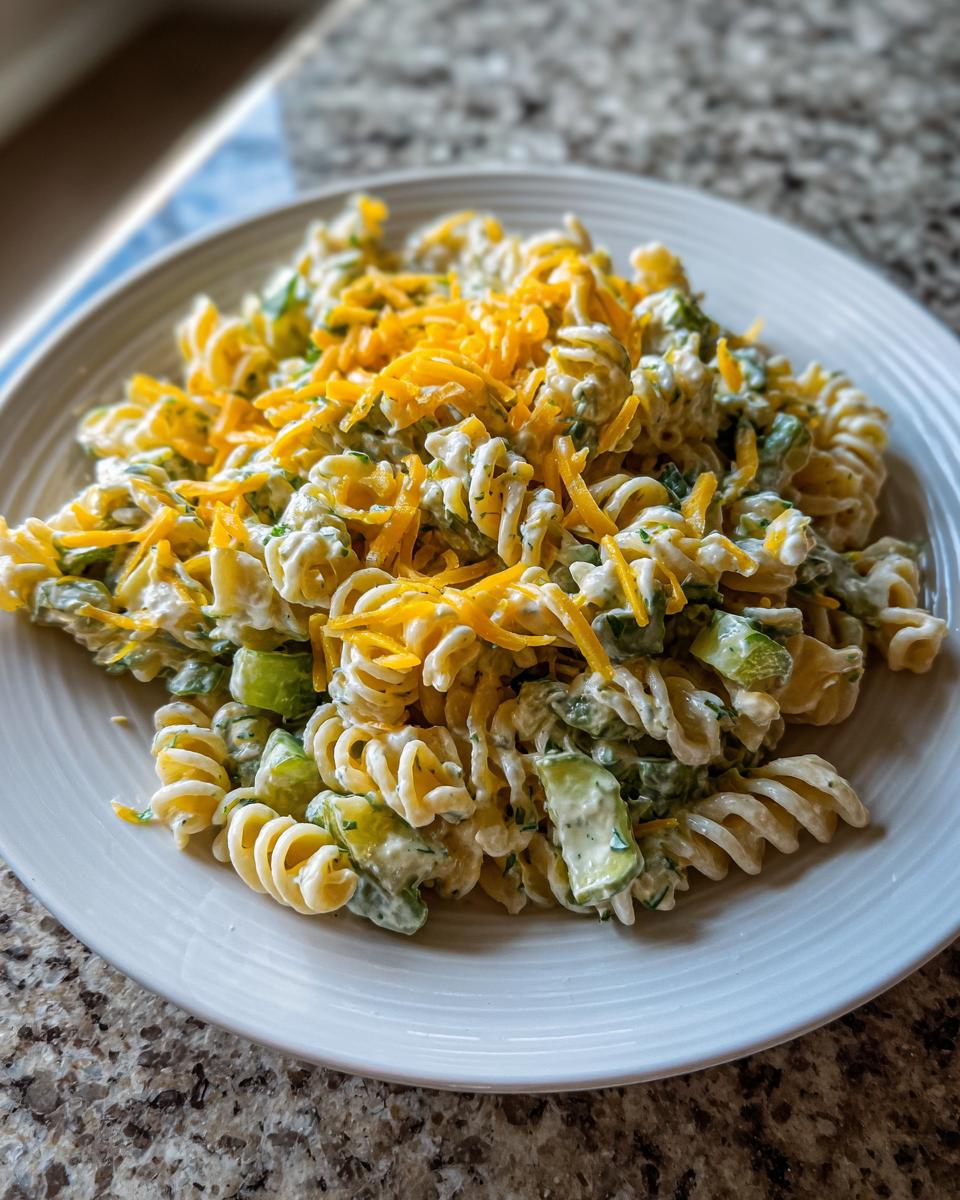 A serving of creamy pickle pasta salad made with rotini pasta, pickles, and topped with shredded cheddar cheese.