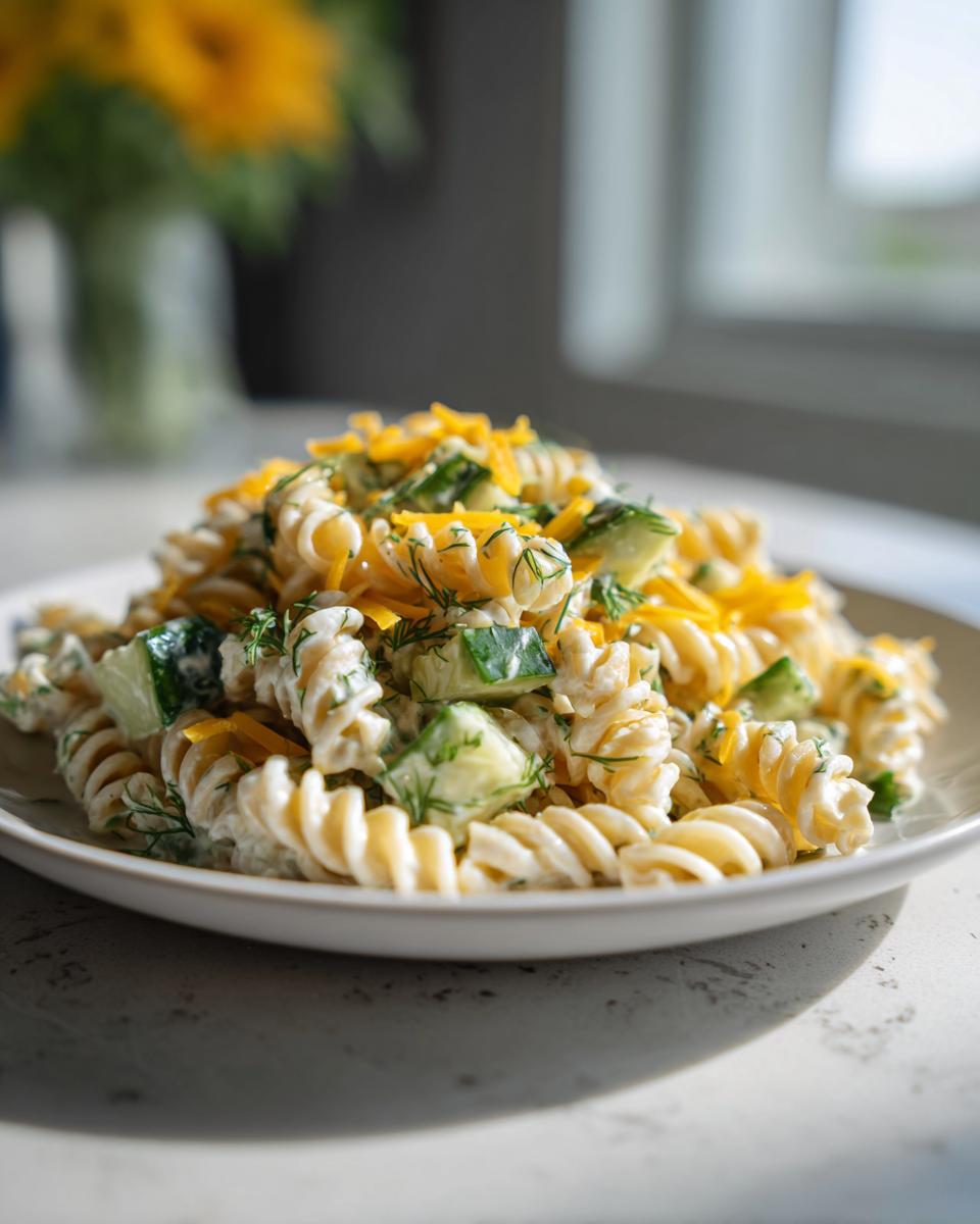 A serving of creamy pickle pasta salad made with rotini pasta, cucumbers, and topped with shredded cheddar cheese and dill.