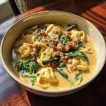 A close-up of a bowl filled with creamy sausage tortellini soup, featuring tortellini, crumbled sausage, and wilted spinach.