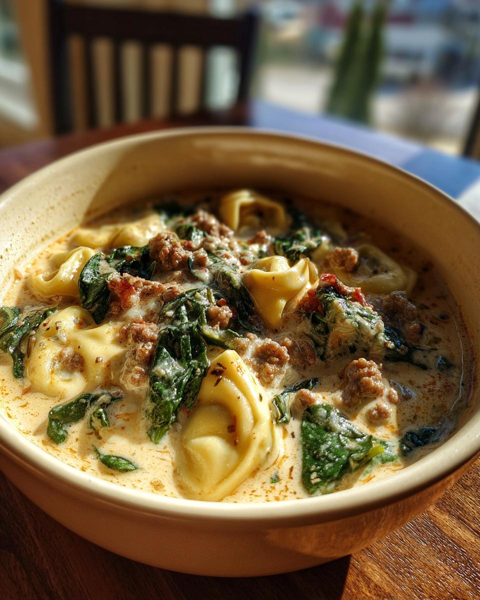 Close-up of a bowl filled with rich, creamy sausage tortellini soup featuring wilted spinach and ground sausage.