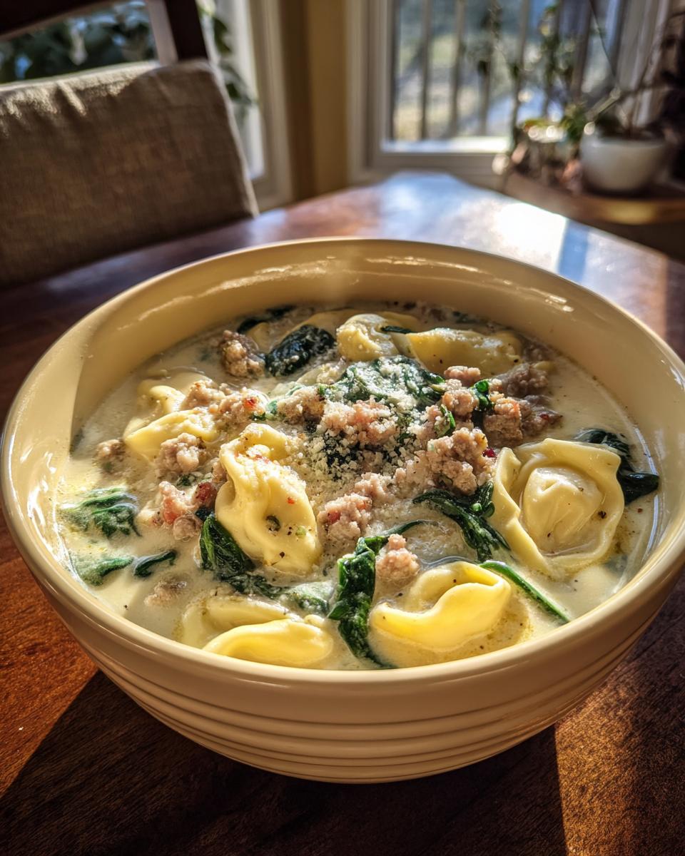 A close-up of a bowl of creamy sausage tortellini soup with wilted spinach and grated Parmesan cheese.