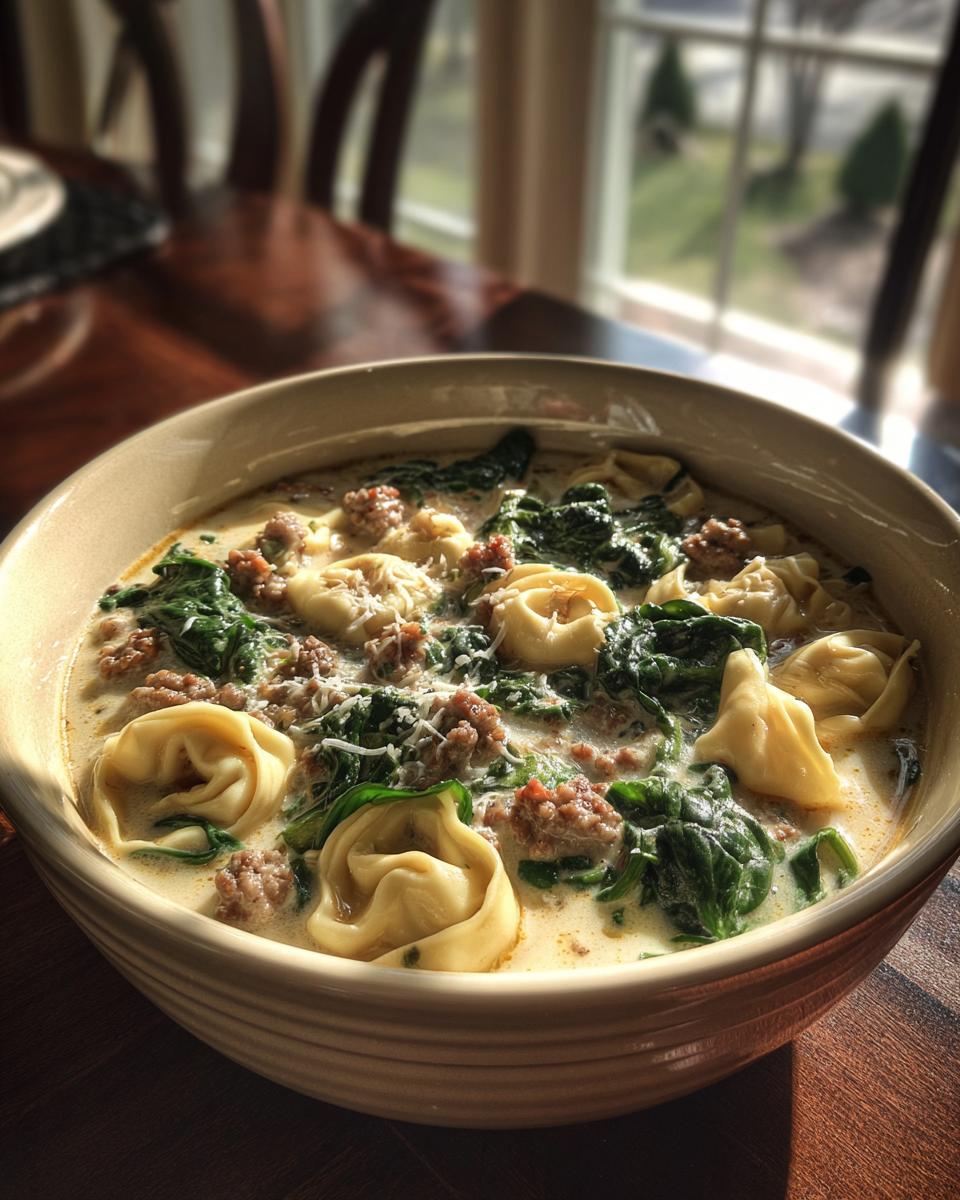 A close-up of a hearty bowl of creamy sausage tortellini soup featuring wilted spinach and grated Parmesan cheese.