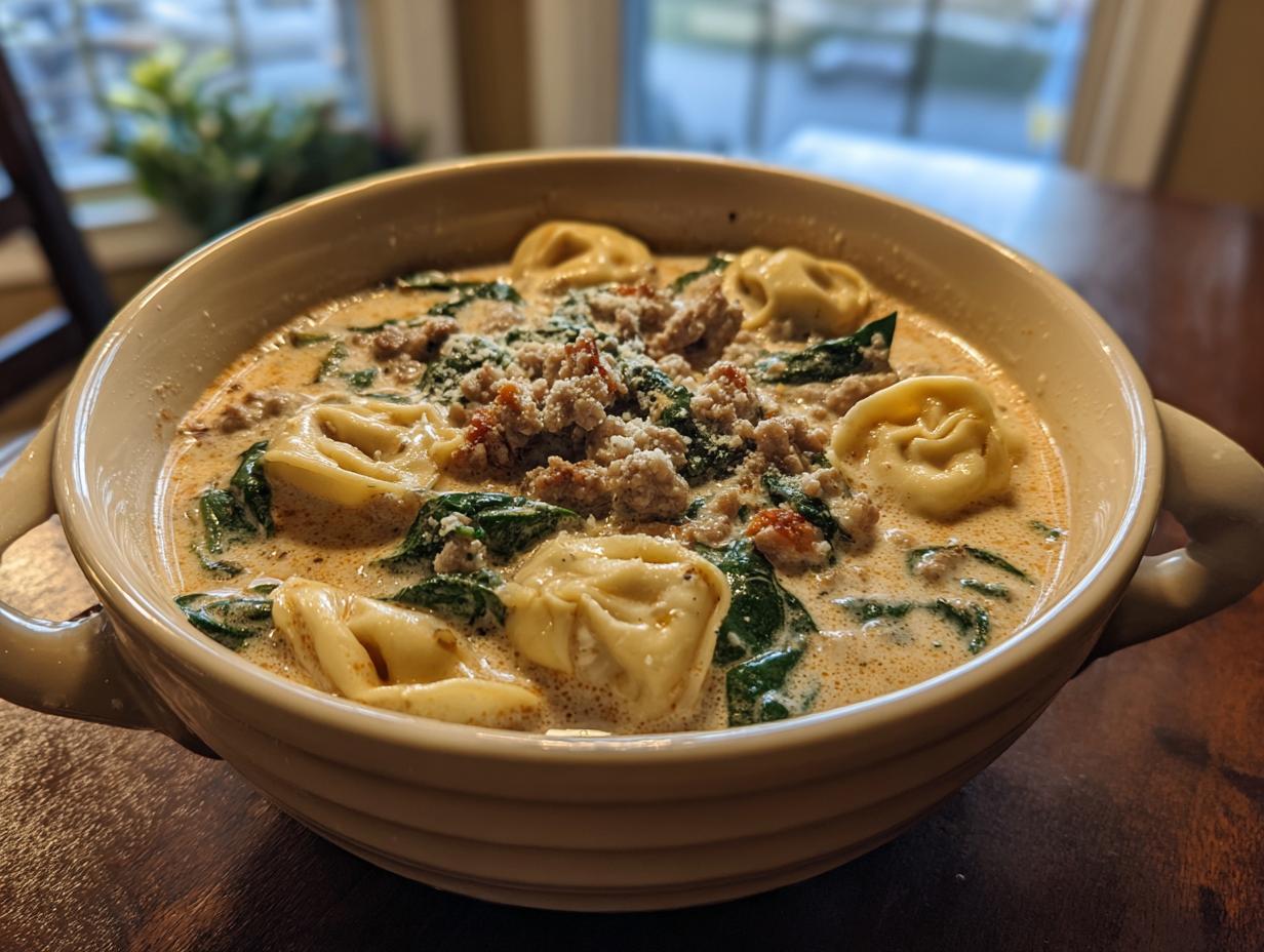 A close-up of a hearty bowl of creamy sausage tortellini soup featuring spinach and topped with crumbled sausage.