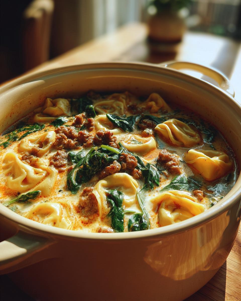 Close-up of a warm pot filled with creamy sausage tortellini soup, featuring tortellini, crumbled sausage, and wilted spinach.