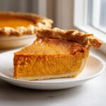 A thick, creamy slice of sweet potato pie with a flaky crust served on a white plate.