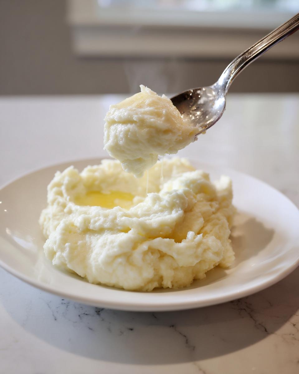A spoonful of steaming, creamy slow cooker mashed potatoes being lifted from a serving on a white plate with melting butter.