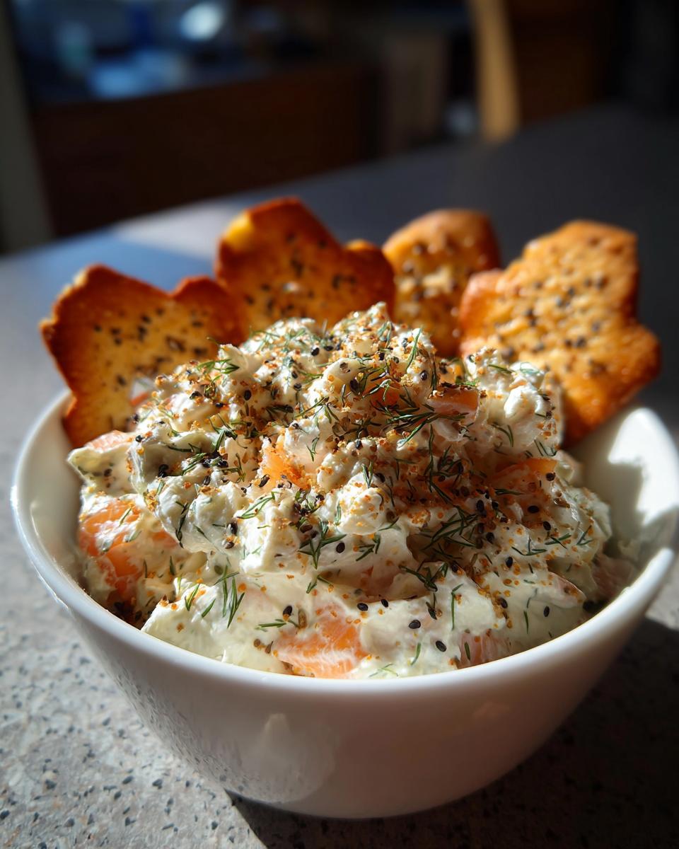 A white bowl filled with creamy smoked salmon dip, topped with dill and everything bagel seasoning, served with crackers.