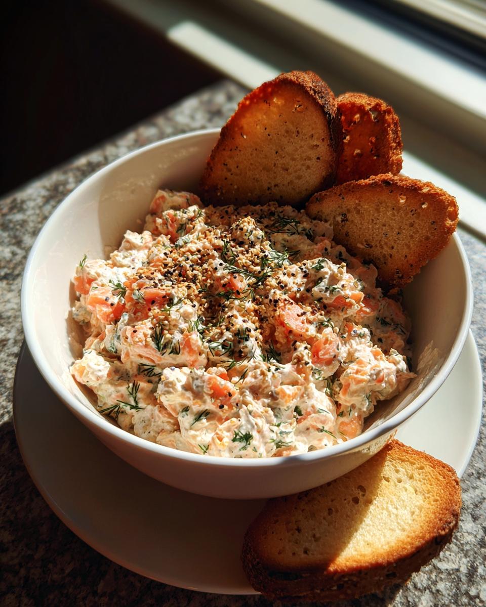 A bowl of creamy smoked salmon dip, garnished with dill and seeds, served with toasted bread points.
