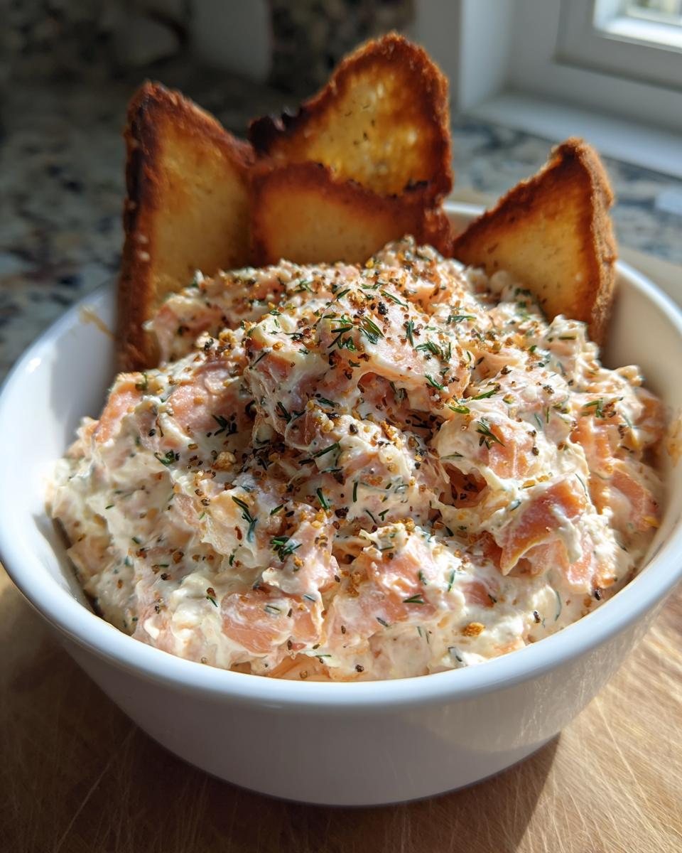Close-up of creamy smoked salmon dip topped with dill and spices, served with toasted bread points.
