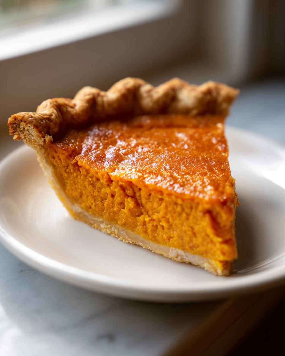 A close-up of a creamy slice of amazing sweet potato pie resting on a white plate near a window.