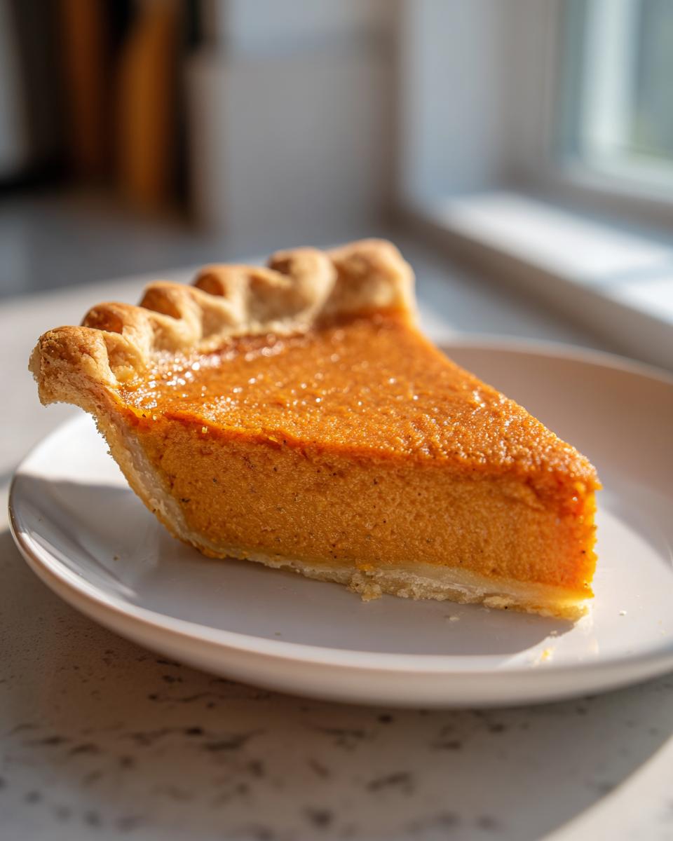A close-up of a thick slice of creamy sweet potato pie with a flaky crust, illuminated by natural light.