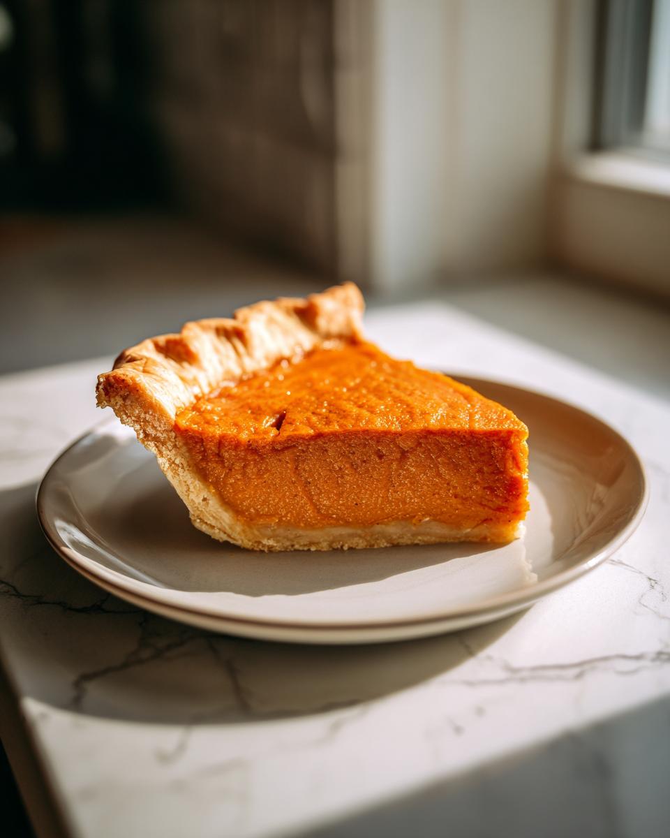 A close-up view of a thick, creamy slice of sweet potato pie sitting on a light-colored plate.