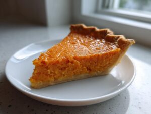 A close-up of a creamy slice of amazing sweet potato pie on a white plate.