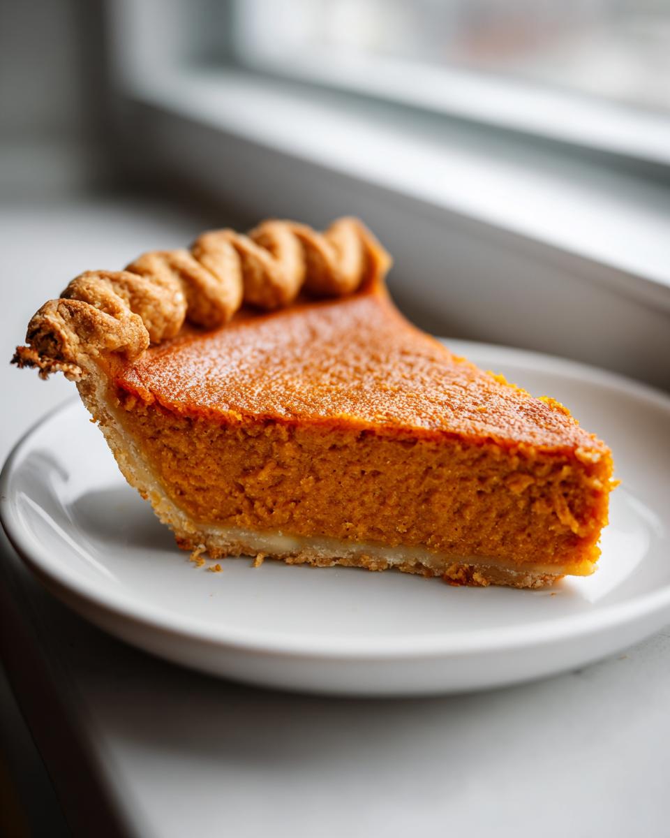 A close-up of a thick, creamy slice of sweet potato pie with a crimped crust edge, served on a white plate.