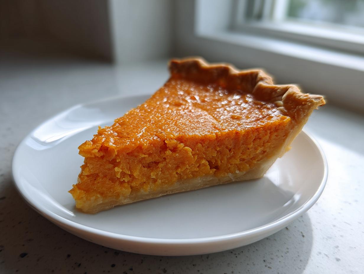 A close-up of a creamy slice of amazing sweet potato pie on a white plate.