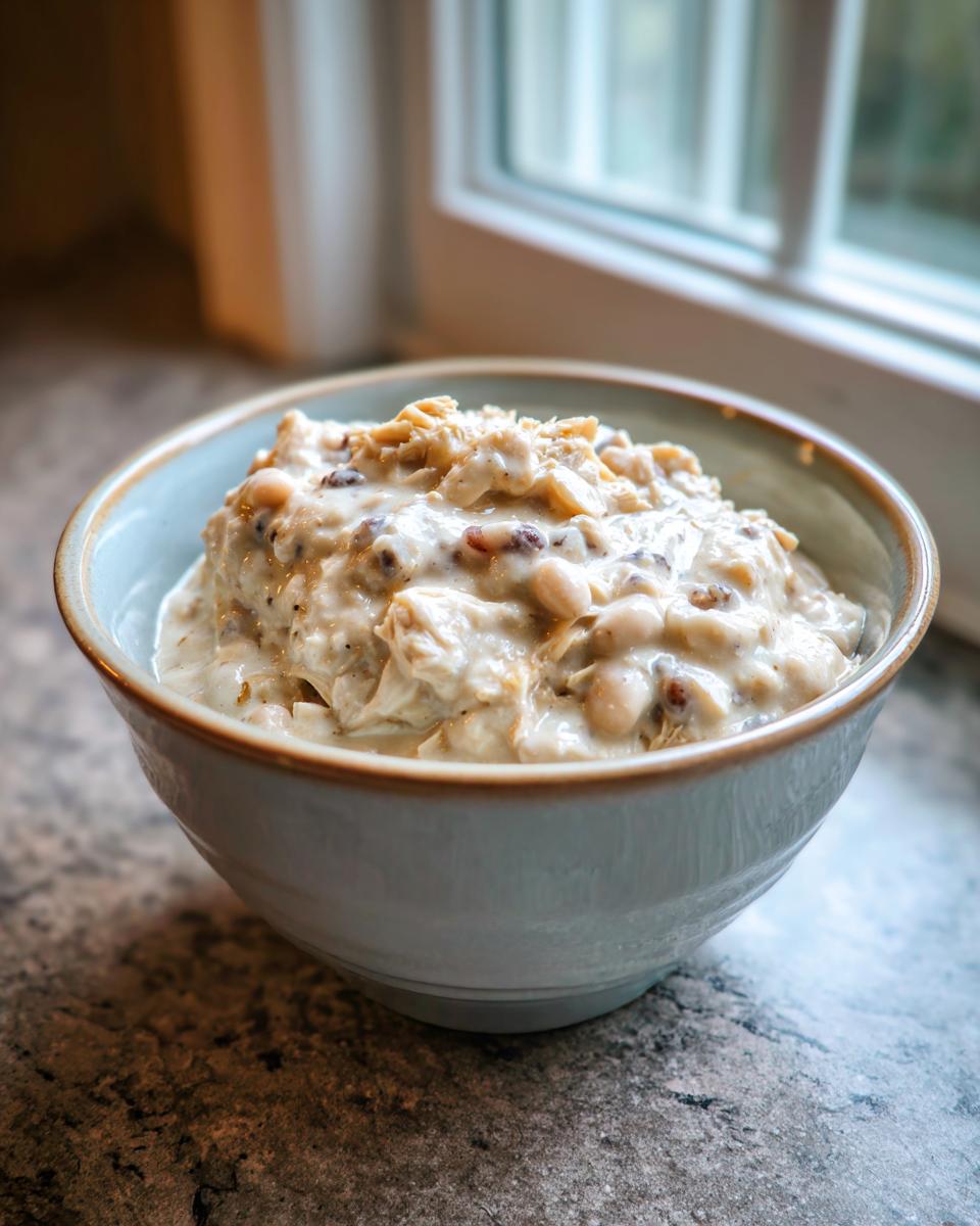 A close-up photo of a hearty bowl of creamy white chicken chili filled with shredded chicken and white beans.