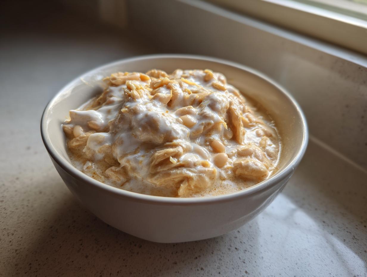 A close-up of a white bowl filled with creamy white chicken chili, showing shredded chicken and white beans in a rich sauce.