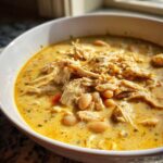 Close-up of a bowl of creamy white chicken chili recipe, featuring shredded chicken and white beans in a rich yellow broth.
