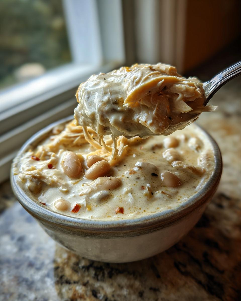 A spoonful of thick, creamy white chicken chili, loaded with shredded chicken and white beans, lifted from a bowl.