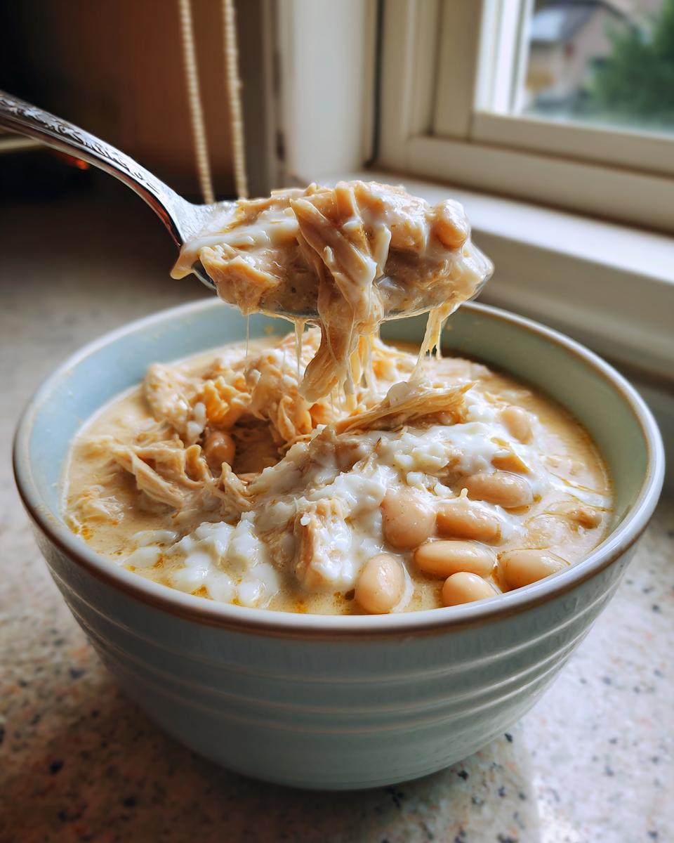 A spoonful of creamy white chicken chili, showing shredded chicken and white beans, lifted from a bowl.