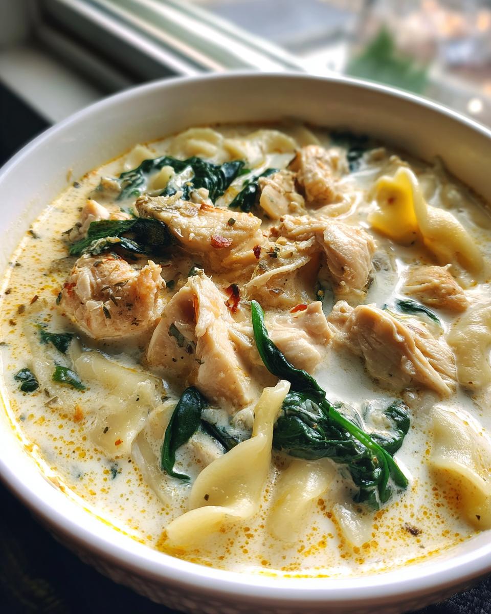 Close-up of a bowl of creamy white chicken lasagna soup featuring chunks of chicken, wilted spinach, and lasagna noodles.