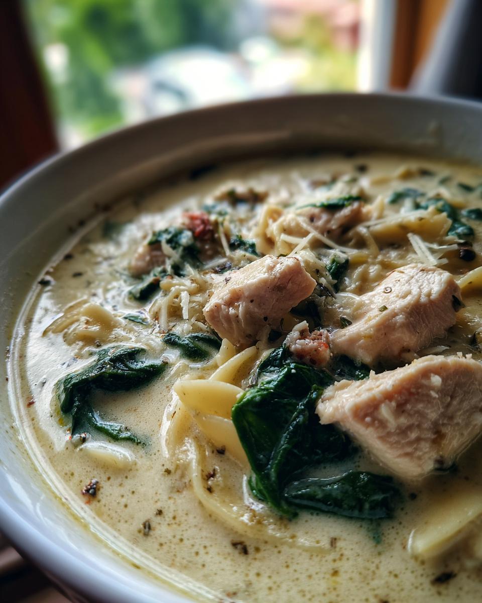Close-up of a bowl of creamy white chicken lasagna soup featuring chunks of chicken, spinach, and grated cheese.