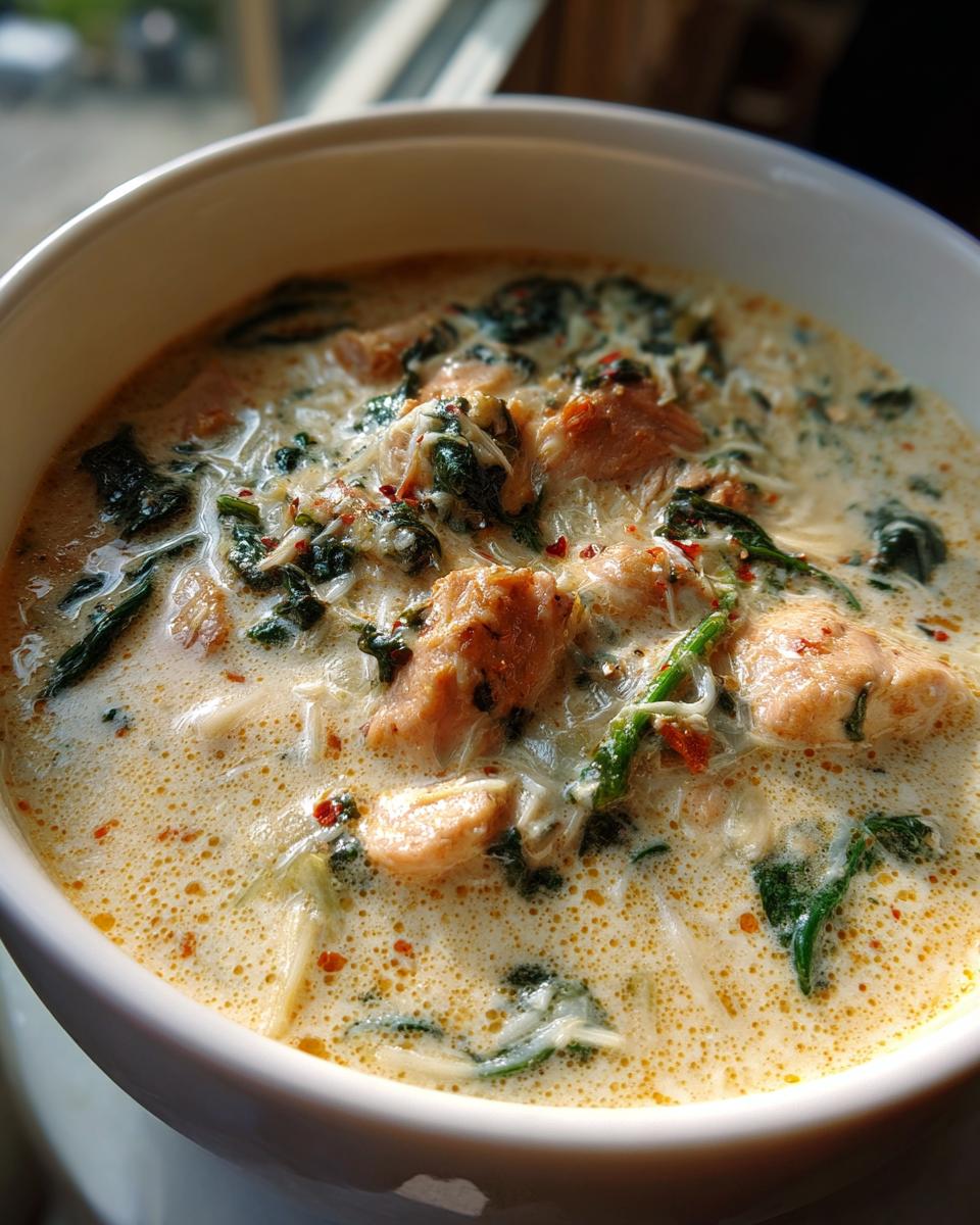 Close-up of a white bowl filled with creamy white chicken lasagna soup, featuring chunks of chicken, spinach, and red pepper flakes.
