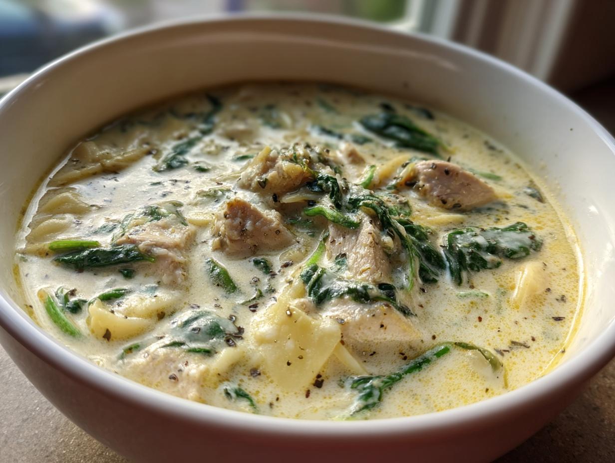 Close-up of a white bowl filled with creamy white chicken lasagna soup, featuring chunks of chicken, spinach, and lasagna noodles.