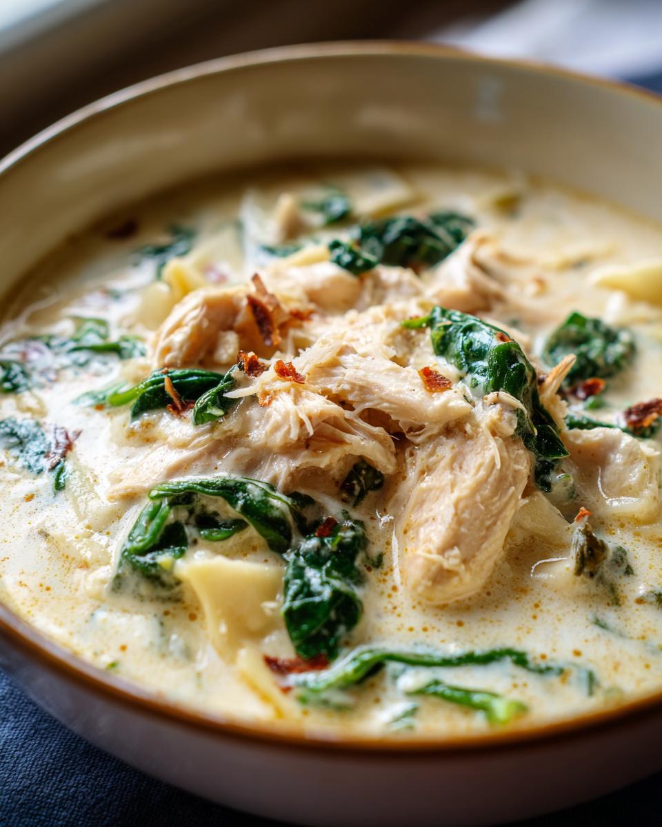 A close-up of a bowl filled with creamy white chicken lasagna soup, featuring shredded chicken, wilted spinach, and pasta.