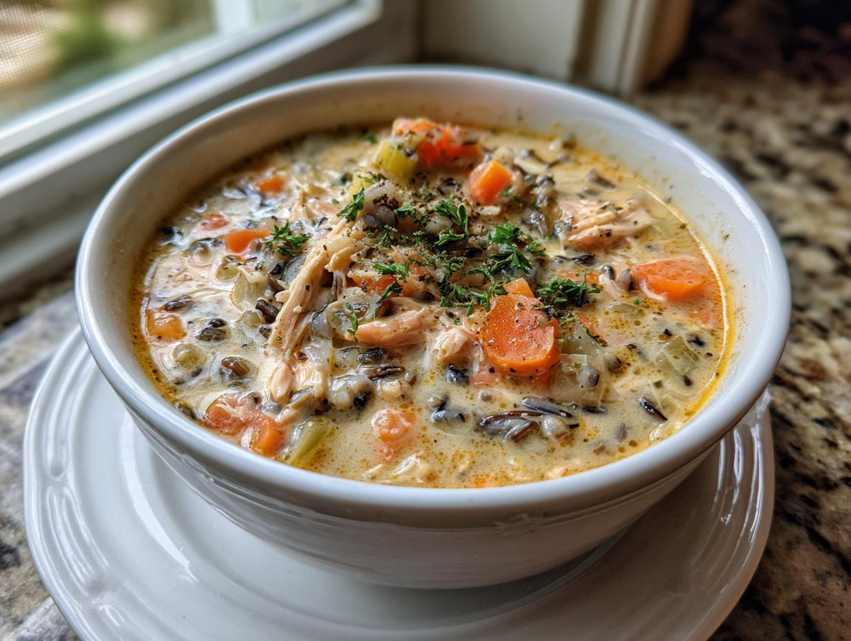 A close-up of a creamy bowl of amazing 1-hour wild rice soup, featuring shredded chicken, carrots, and herbs.