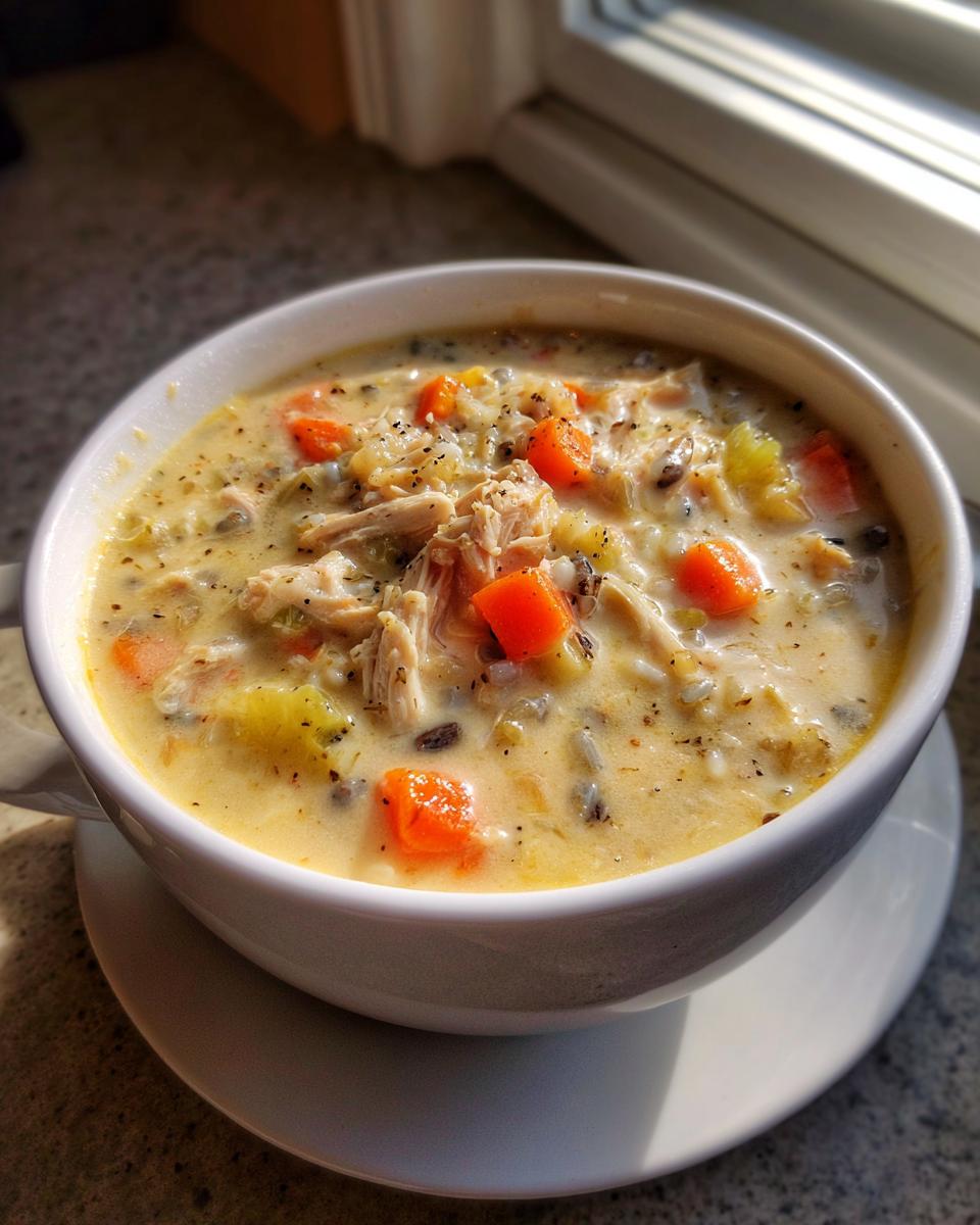 Close-up of a creamy bowl of amazing wild rice soup topped with shredded chicken and diced carrots.