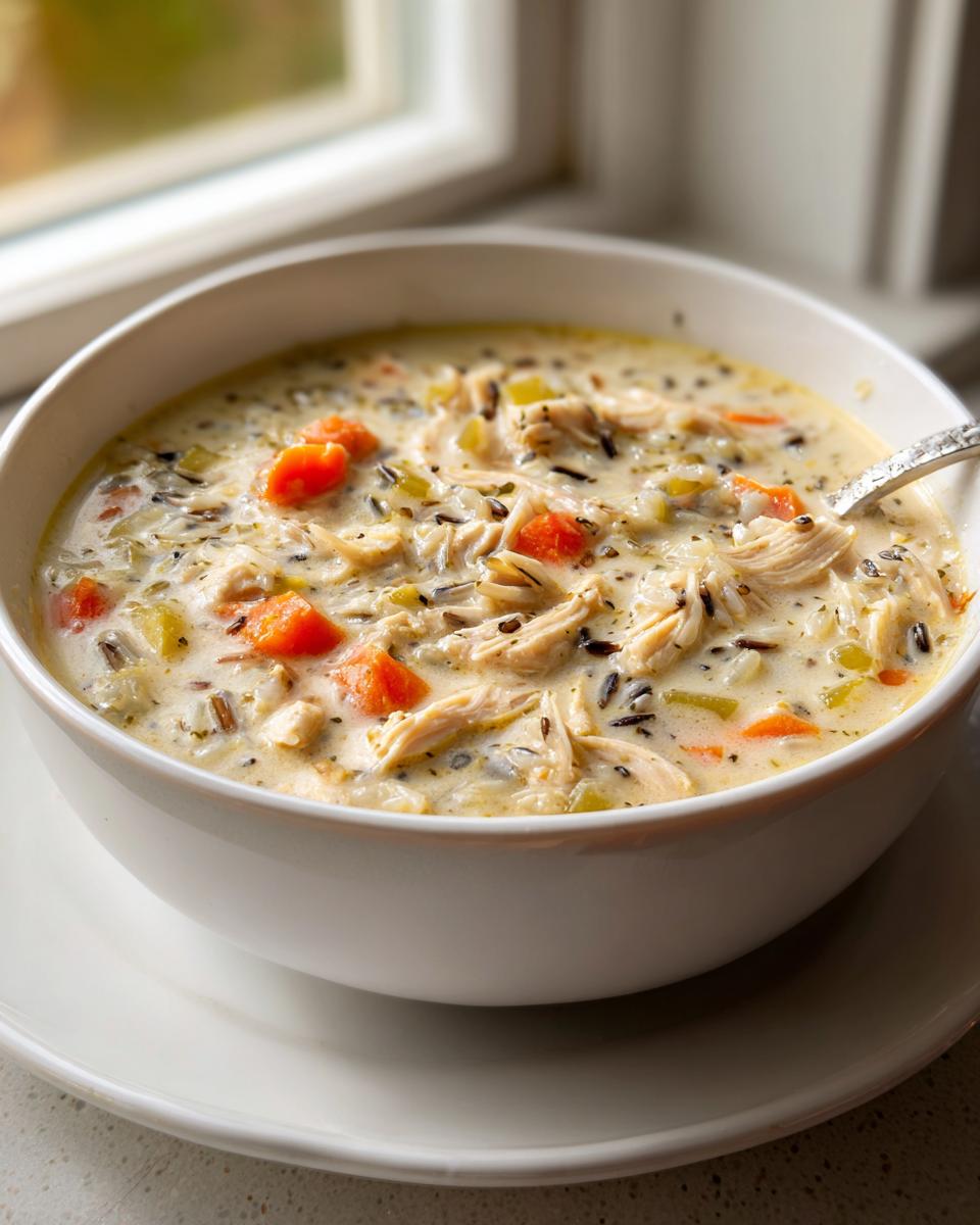 A close-up of a creamy bowl of wild rice soup filled with shredded chicken, bright orange carrots, and wild rice grains.