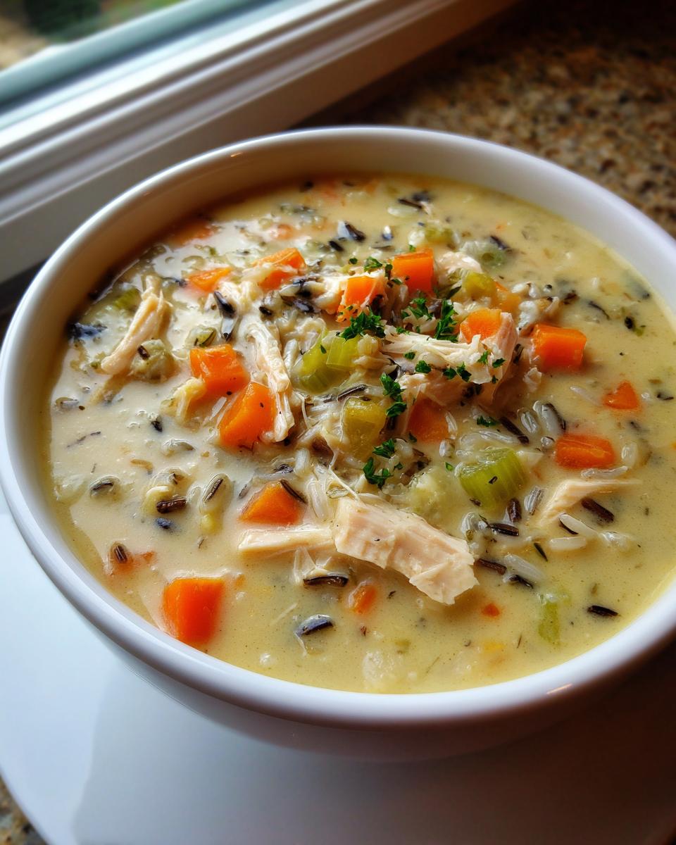 Close-up of a creamy bowl of amazing wild rice soup featuring shredded chicken, bright orange carrots, and celery.