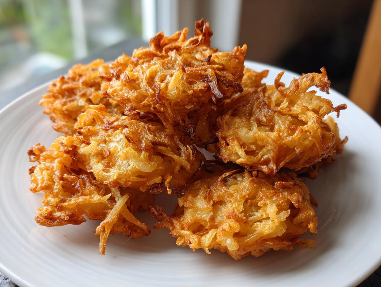 A pile of golden brown, crispy Amish Onion Fritters stacked on a white plate, ready to eat.