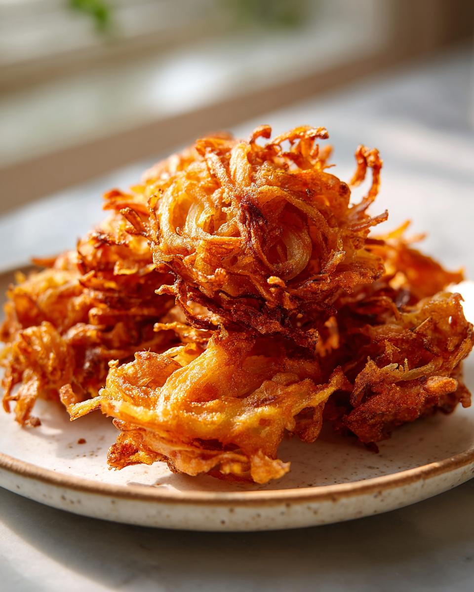 A close-up of a pile of golden brown, crispy Amish Onion Fritters, perfectly fried and stacked.