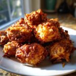 A pile of golden brown, crispy Amish Onion Fritters catching the sunlight on a white plate.