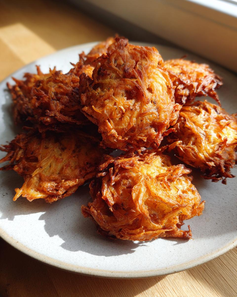 A pile of golden brown, crispy Amish Onion Fritters stacked on a light gray plate.