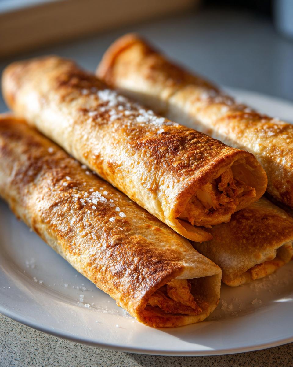 Close-up of four golden brown Baked Chicken Chimichangas sprinkled with coarse sea salt on a white plate.
