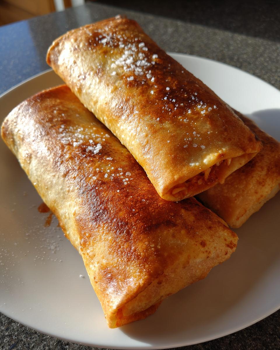 Three golden brown, crispy Baked Chicken Chimichangas sprinkled with coarse salt on a white plate.