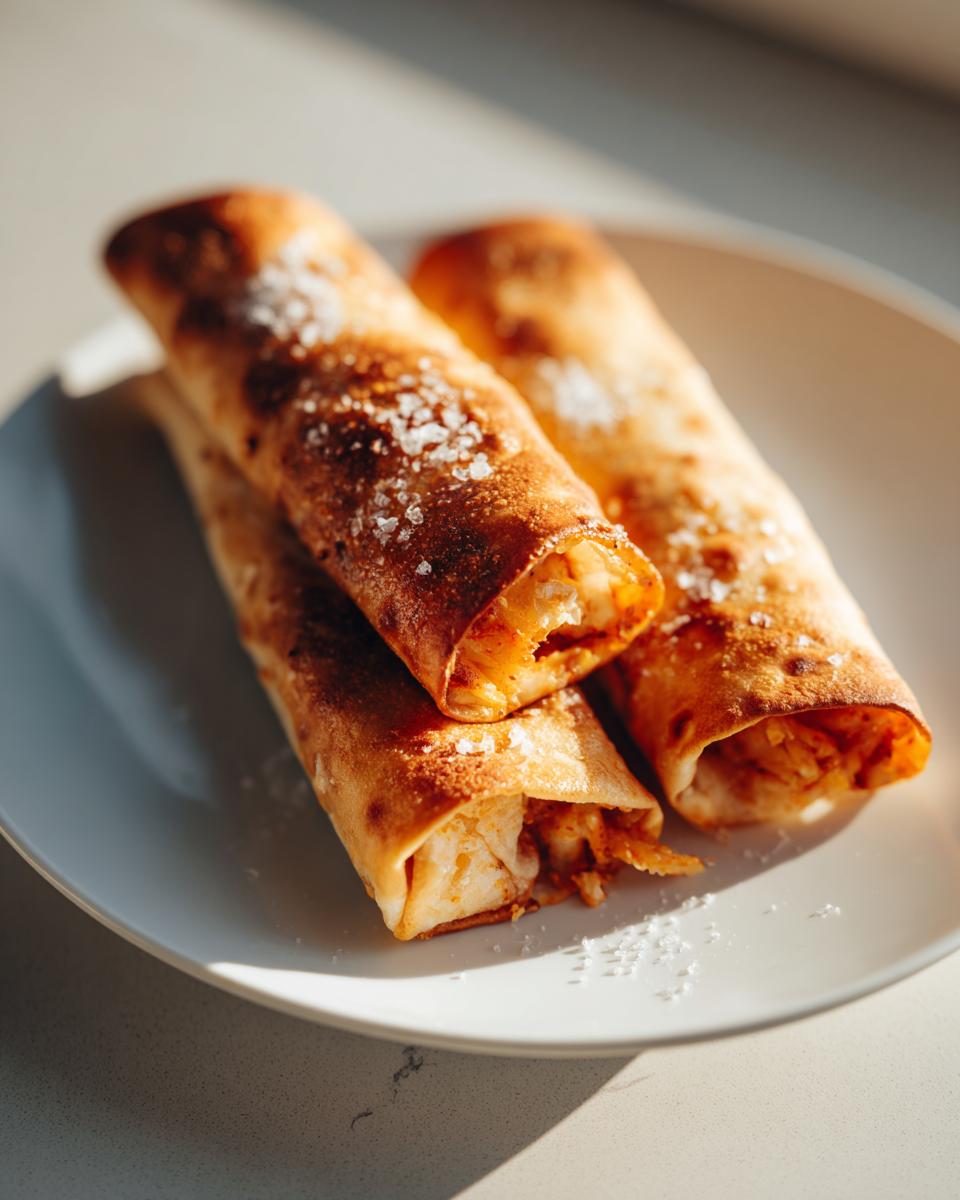 Three golden brown Baked Chicken Chimichangas sprinkled with coarse sea salt on a white plate.