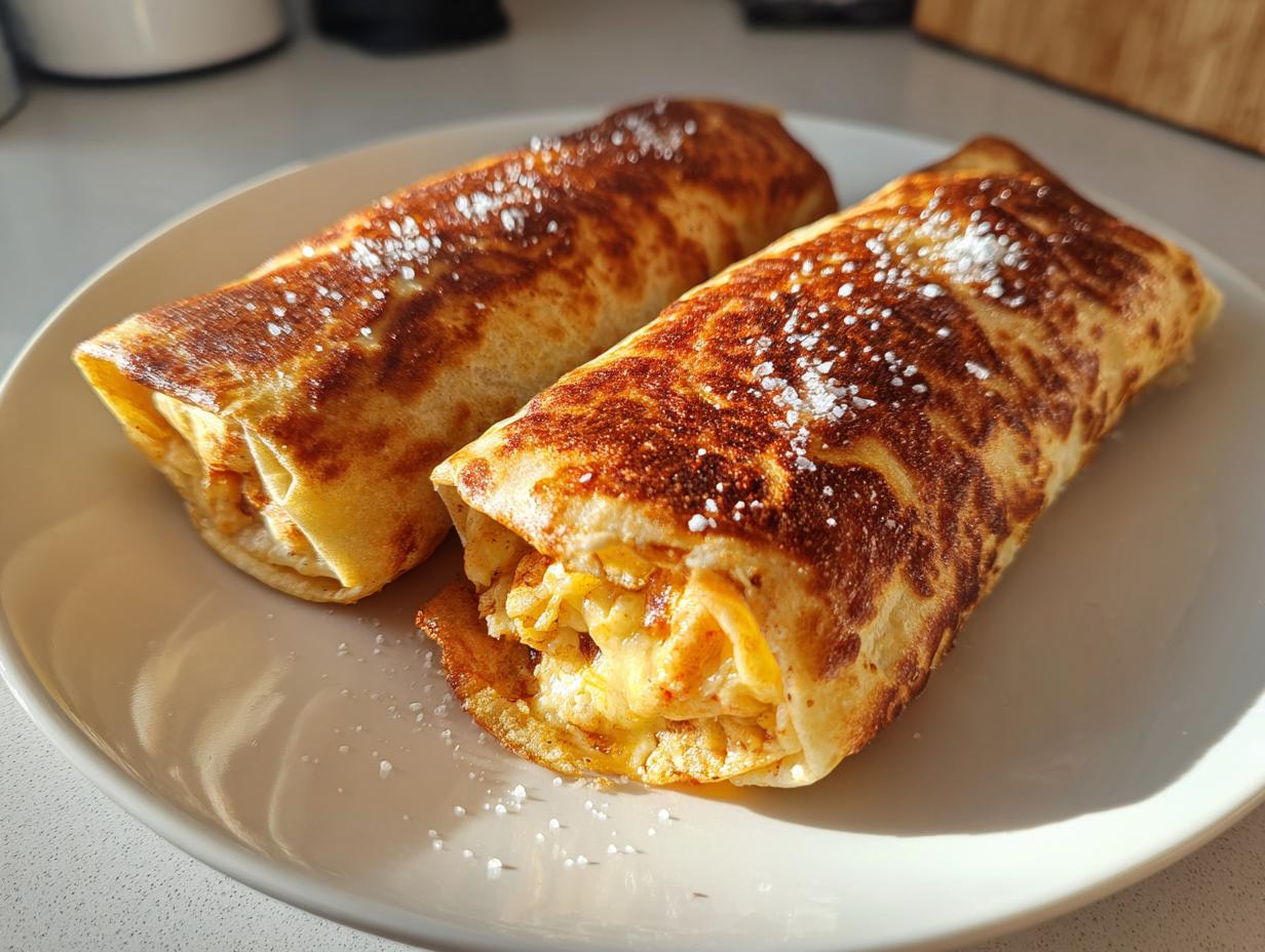 Two golden brown, crispy Baked Chicken Chimichangas sprinkled with coarse salt on a light plate.