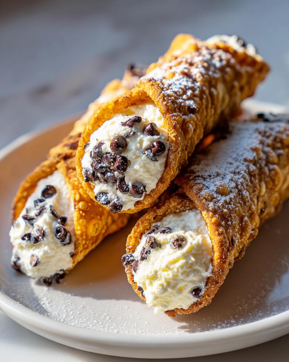 Three freshly made cannoli filled with sweet ricotta cream and mini chocolate chips, dusted with powdered sugar.