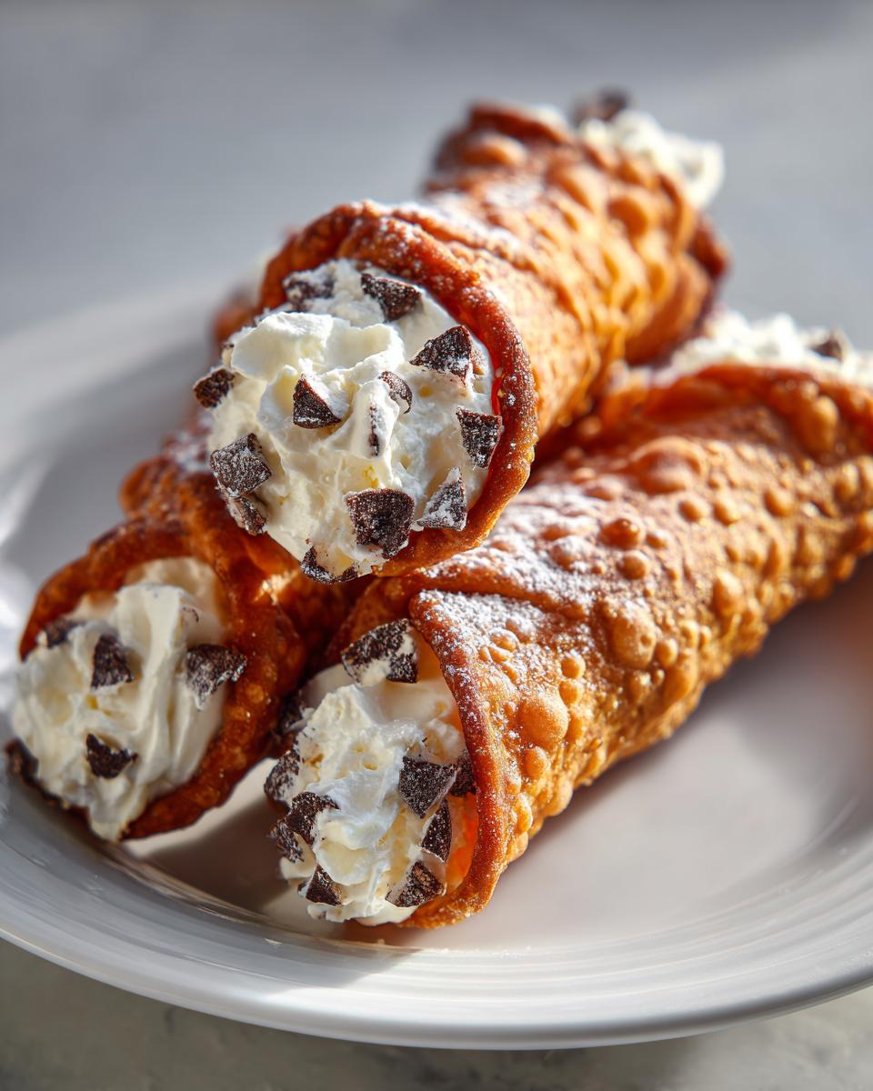 Close-up of three freshly made cannoli filled with sweet cream and topped with mini chocolate chips, part of our amazing cannoli recipe.