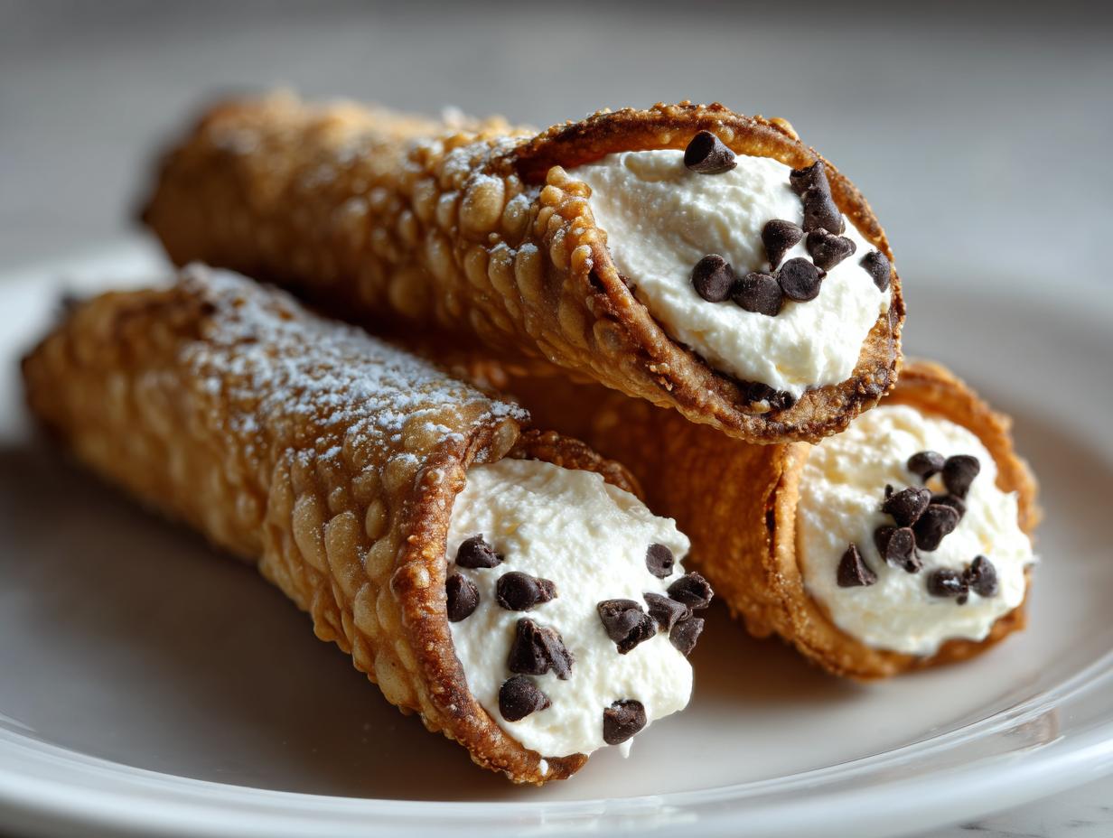 Close-up of three freshly made cannoli recipe pastries filled with sweet ricotta cream and mini chocolate chips.