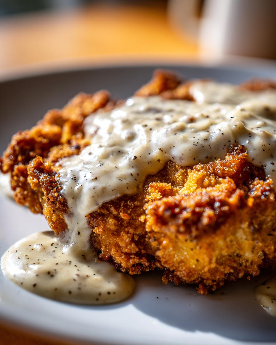 Close-up of a golden, crispy chicken fried steak smothered in white pepper gravy.