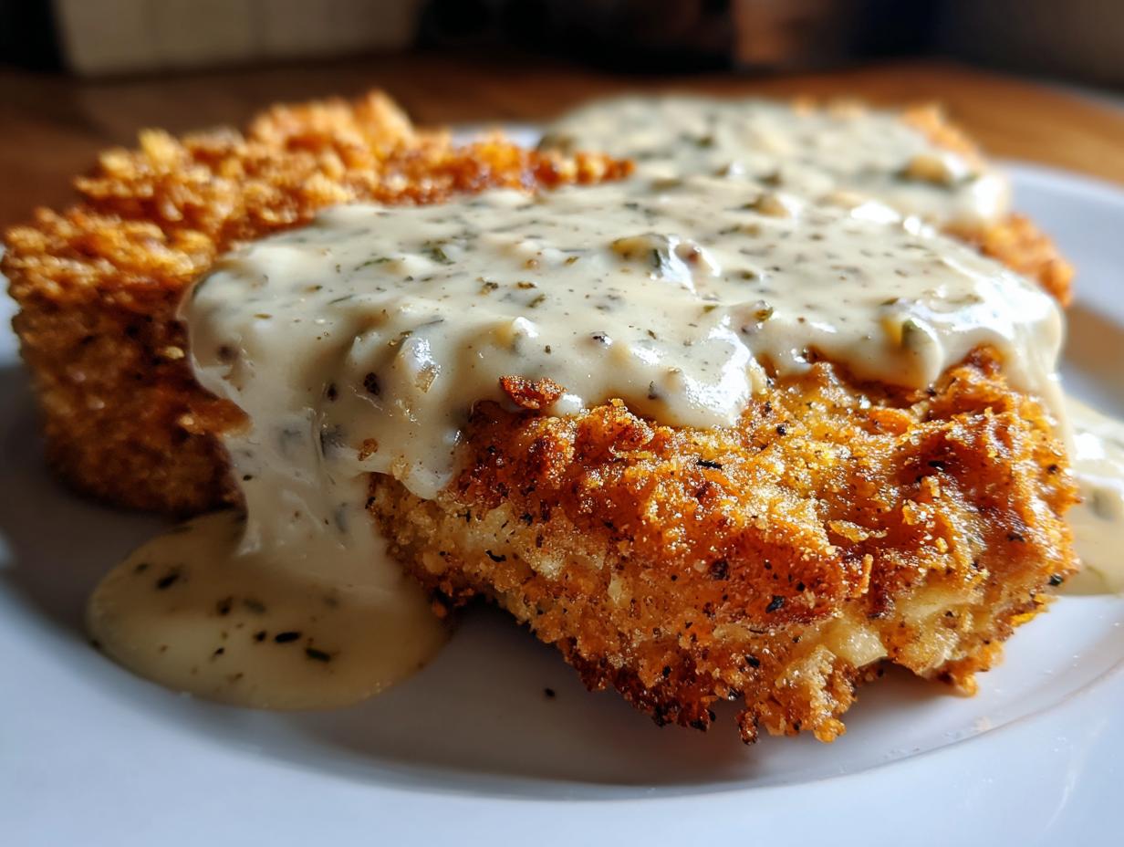 Close-up of crispy, golden brown chicken fried steak smothered in creamy, peppered country gravy.
