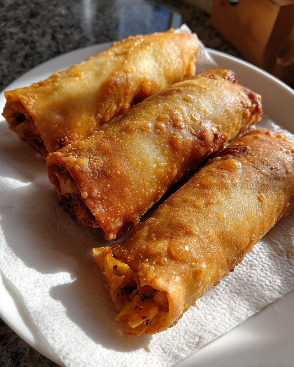 Three perfectly golden brown, crispy fried egg roll appetizers resting on a white paper towel on a plate.