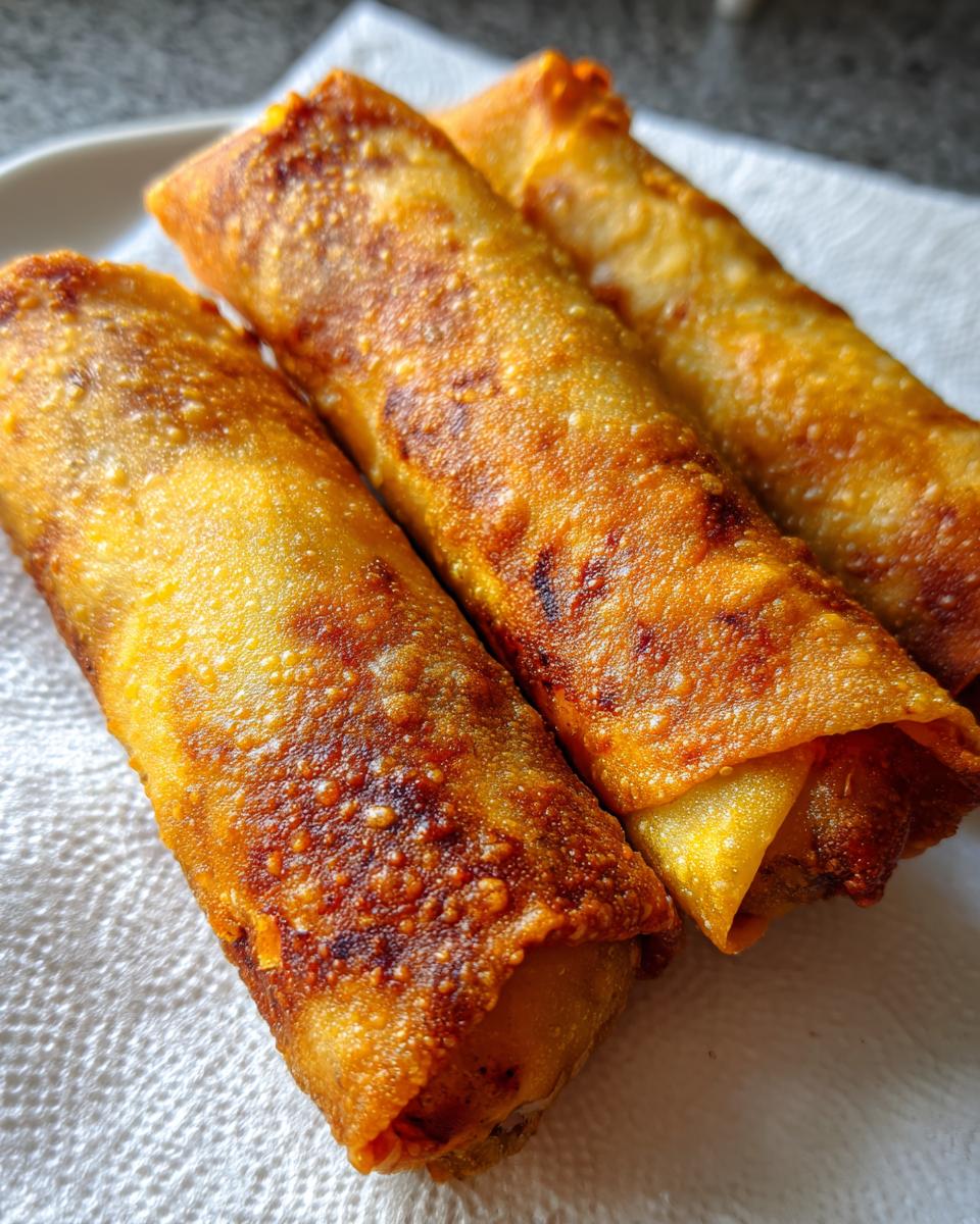 Close-up of three perfectly golden brown, crispy fried egg roll appetizers resting on a white paper towel.